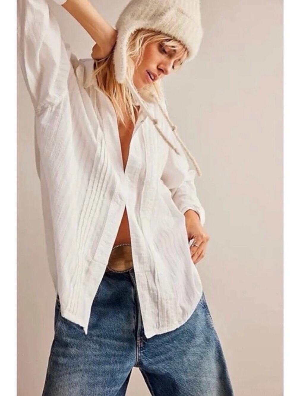 Free People Menswear Oversized Tuxy Vibes Shirt Optic White Size Medium Bohemian